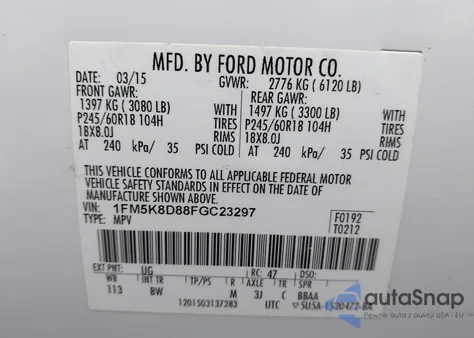 2015 Ford Explorer Xlt из США, поврежденный, VIN 1FM5K8D88FGC23297